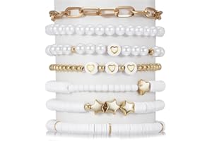 Yowivon Colorful Friendship Bracelets Set Preppy Flower Heart Star Evil Eye Beaded Pearl Clay Bead Bracelets