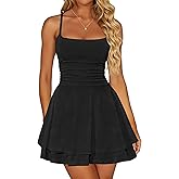 ASKHOPE Women’s Square Neck Ruffle Mini Dress Spaghetti Strap Ruched Waist Sexy Summer Party Club Short Dresses