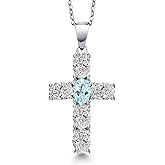 Gem Stone King 925 Sterling Silver Lab Grown Diamond and Sky Blue Topaz Cross Pendant Necklace for Women | 2.50 Cttw | Gemstone April Birthstone | Oval 6X4MM | With 18 Inch Chain