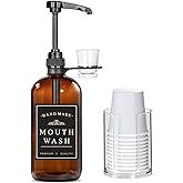 Amber Glass Mouthwash Dispenser for Bathroom with Reusable Cups Holder and Pump, Glass Cup and Clear Plastic Paper Cup Dispensers Included, 16 Oz Rustic Boho Mouthwash Dispenser Farmhouse Decor