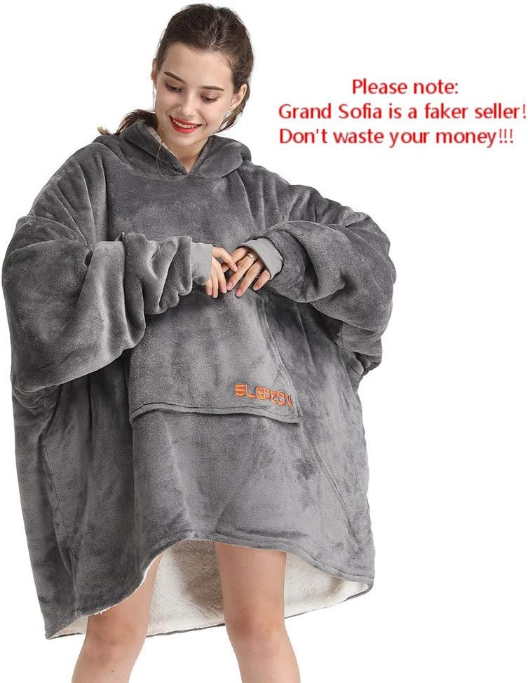 SLEPZON Oversized Sweatshirt Blanket, Sherpa Hoodie Blanket for Adults Men and Women, Wearable Throw Blanket with Sleeves and Pockets, Grey