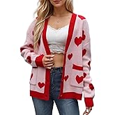 KAOBIO Women Cute Heart Oversized Cardigan Open Front Button Down Love Print Knit Sweater Y2k Kawaii Clothes
