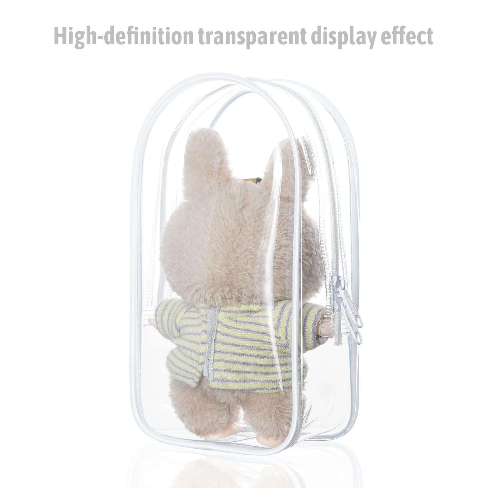 Clear Figure Display Bag with Keychain for Doll, Positive Doll Storage Bag, Pouch Keychain Charms for Collectibles (with Zipper- Waterproof) Building Block Storage Bag,8.2 * 4.6 inch
