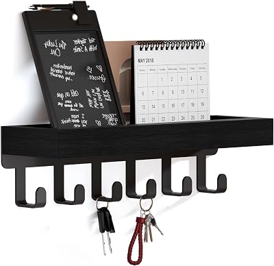 SWTYMIKI Key Holder with Wood Tray and 6 Hooks Wall Mount