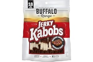 Buffalo Range Rawhide Dog Treats | Healthy, Grass-Fed Buffalo Jerky Raw Hide Chews | Hickory Smoked Flavor | Jerky Kabob, 18 Count