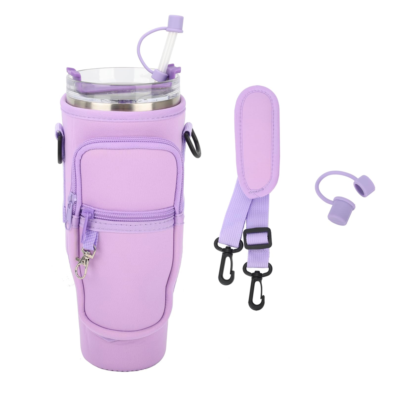 Sahunfri Bottle Bag for Stanley Cup 40oz, Water Bottle Holder fits Stanley Cup with Silicone Straw Cover, Adjustable Strap, Phone Pocket, Accessories for Stanley Cup for Walking, Travel (Purple)