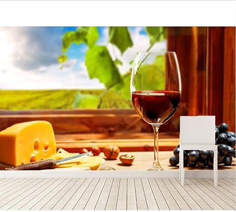 Amazon Lcymt カスタム3 D壁画 ワイン用ブドウのチーズ脚付きグラス食品の壁紙 レストランキッチンダイニングルームのテレビのソファの壁3 D壁の壁画の壁紙 150x1cm 壁紙