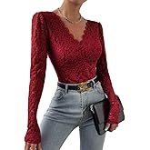 ABAFIP Women's Sheer Long Sleeve Floral Lace Bodysuit Blouse Top V-Neck Backless Going Out Leotard Tops