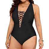 Daci Plus Size Plunge One Piece Swimsuits for Women Sexy Bathing Suits Lace Up Swimwear