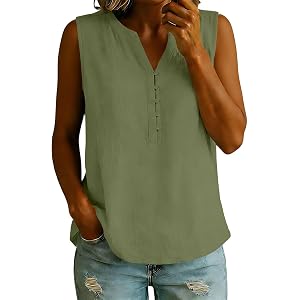 Womens Summer Tops Cotton Linen Button Up Tank Top | Womens Sleeveless V Neck Henley Shirts Pleated Front Solid Color Blouses