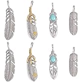 GORGECRAFT 1 Box 8PCS Silver Golden Alloy Big Feather Turquoise Pendant Stainless Steel Silver Feather Charms Necklace Feather Dangle Antique Charms for Diy Key Chain Jewelry Making Findings