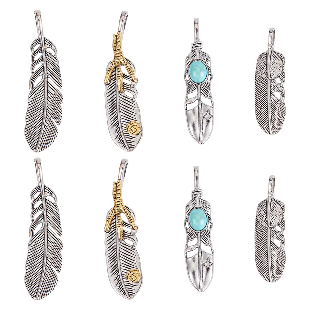 GORGECRAFT 8PCS Silver Golden Alloy Big Feather Pendant Stainless Steel Silver Feather Charms Pendant Necklace Feather Dangle Antique with Box Diy Key Chain Jewelry Making Findings