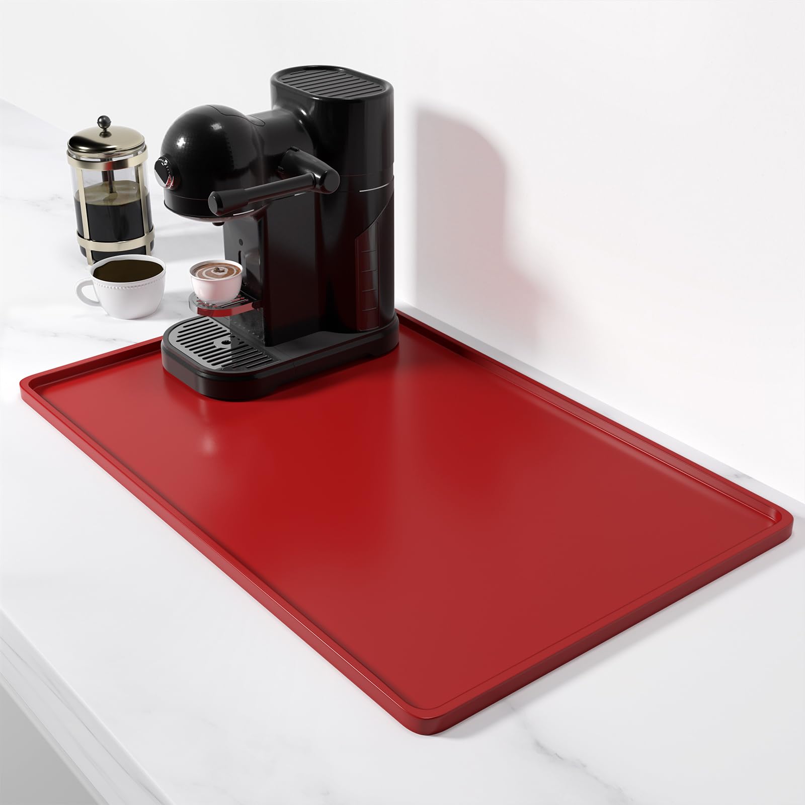 Photo 1 of Rnivvi Silicone Coffee Mat, 12" x 19" Waterproof Raised Edge Coffee Bar Mats for Espresso Machine Station Accessories, Heat Resistant Dish Drying Pad for Kitchen Counter, Rubber Bar Decor Pad, Red