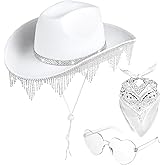 Homaisson White Cowgirl Hat for Women, Sparkly Cowboy Hat with Sunglasses Bandanas Glitter Cowgirl Hat for Themed Party Costume