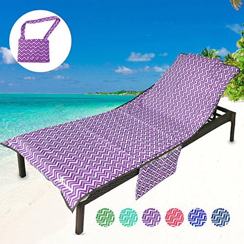 YOULERBU Beach Chair Cover with Pillow Breathable Sponge Thickened Pool Lounge Chair Towel Beach Towel with Side Pockets Purple Stripe