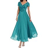 SUOLUOS Mother of The Bride Dresses Tea Length Lace Appliques Chiffon Short Sleeves V Neck Formal Wedding Gowns