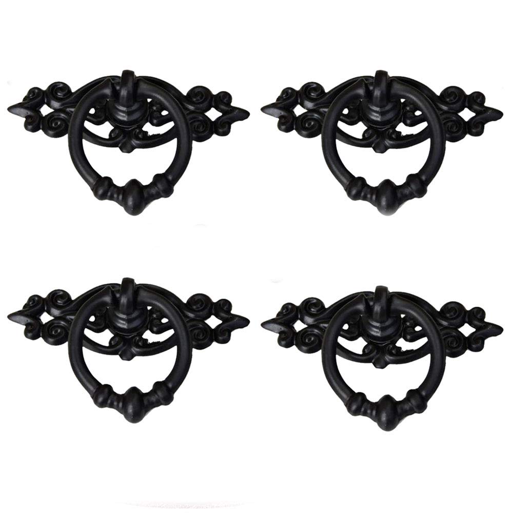 SagaSave 4Pcs Vintage Pull Handle, Retro Ring Handle, Antique Zinc Alloy Pull Handles Knobs for Cabinet, Drawer, Gate, Wardrobe, Cupboard - Black