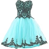 Kivary Short Tulle Vintage Black Lace Gothic Prom Homecoming Cocktail Party Dresses