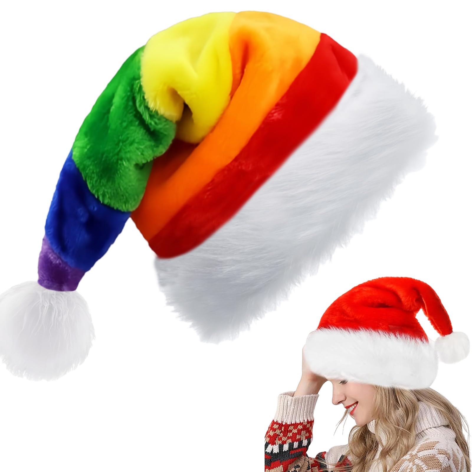 Rainbow Santa Hat Christmas Hats 32*54cm for Adults,Kids,Thickened Xmas Hat Plush Santa Claus Hat,Unisex Velvet Father Christmas Hat Costume,Christmas Party Hats Cap for Xmas New Year Party Gifts