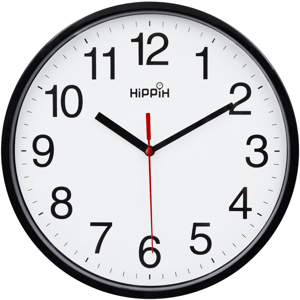 Hippih Black Wall Clock Silent Non Ticking Quality Quartz, 10 Inch