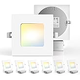 Amico 6 Pack 6 Inch Ultra-Thin LED Square Recessed Light with Junction Box, 5CCT 2700K/3000K/3500K/4000K/5000K Selectable, 1050LM Brightness, Dimmable Canless Wafer Downlight, 12W, ETL&FCC
