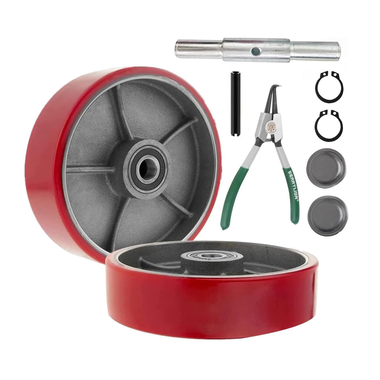 Photo 1 of Legines Pallet Jack/Truck Steering Wheels Set with Axle, Fasteners and Protective Caps (2 pcs) 7" x 2" with Bearings ID 20mm Poly Tread With Tools ?Red?