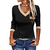 Dyexces Womens Long Sleeve T Shirts Casual V Neck Color Block Tunic Tops Loose Basic Top