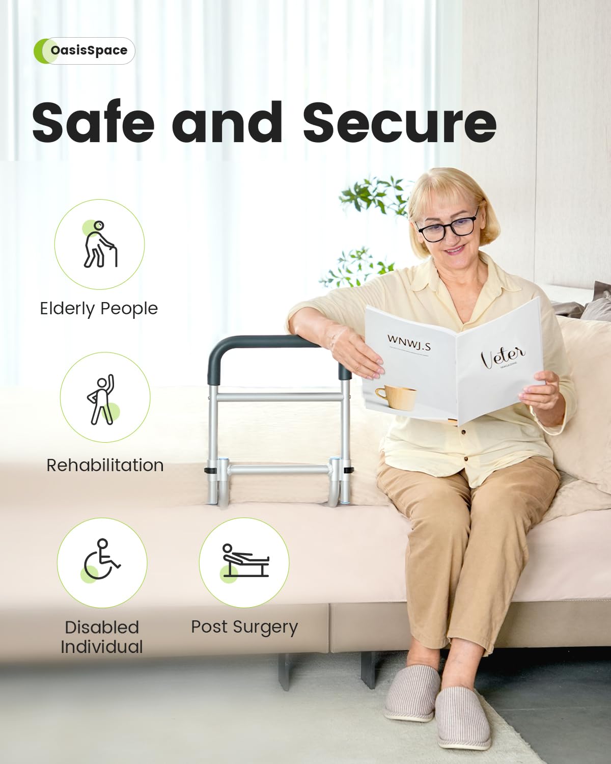 OasisSpace Bed Rail Bedside Fall Prevention Grab Bar Mobility Aid for Elderly Seniors, Handicap Adjustable Adult Bed Rail Cane fits King, Queen, Full, Twin Stability Standing Bar Handle