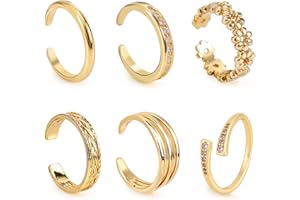 6pcs Gold-Color Toe Rings Set for Women, 6 Styles Adjustable Floral CZ Dainty Toe Rings Summer Beach Open Foot Jewelry