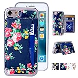 iPhone 7 Case, Tripky iPhone 7 Flower Floral Flip Folio Wallet Cases PU Leather Magnetic Holster Phone Case for iPhone 7 (4.7-inch) with [kickstand] [3 Credit Card Slots](Navy Blue&Red Flower)