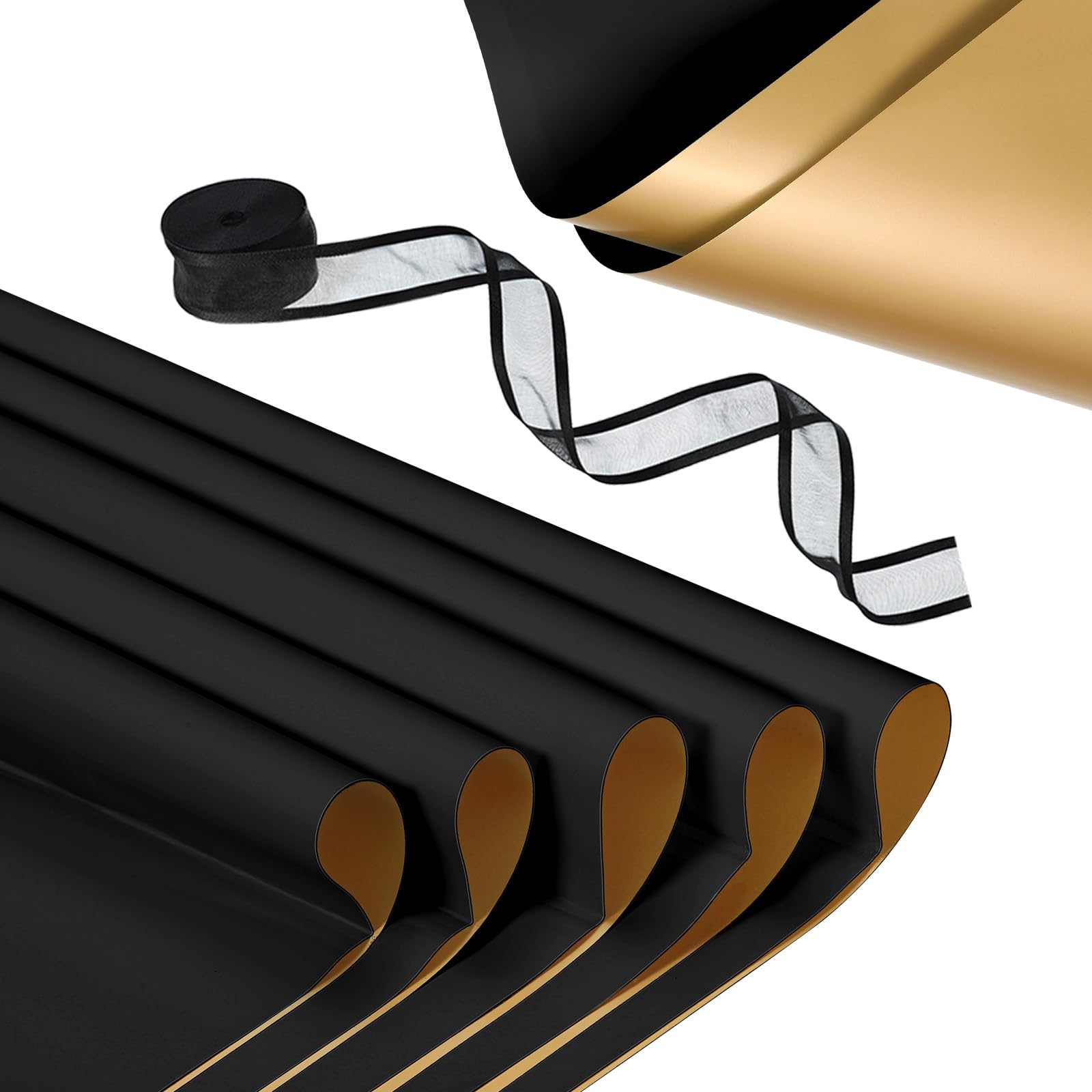 PATIKIL 20 Sheets Flower Wrapping Paper, Waterproof Flower Paper Wraps with Ribbon Floral Bouquet Supplies for DIY Crafts Packaging Bouquet, 22.8x22.8 Inch, Black/Gold Tone