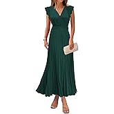 KIRUNDO Women's Summer Maxi Dresses Elegant V Neck Ruffle Flutter Sleeves Empire Waist Pleated Flowy Wedding Guest Dress