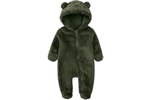 Alunsito Infant Baby Fleece Jumpsuits Newborn Plush Bear Ear Sleepwear Hooded Romper Zipper Long Sleeve Bodysuit Footies