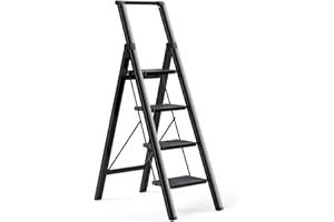 4 Step Ladder, Ladnamy Folding Step Stool with Wide Anti-Slip Pedal&Handrail, Aluminum Lightweight Portable Step Stools for Adults, 330 IBS Capacity Multi-Use Ladders for Home&Kitchen, Black