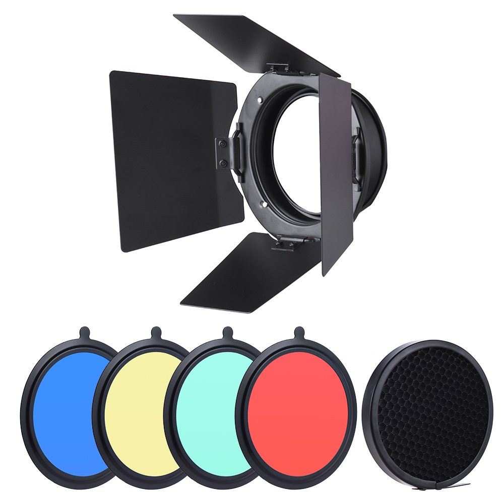 Andoer 96mm Mount Metal Bardoor with Grid 4pcs Color Gel compatible with Neewer 180W 250W 300W Studio Strobe Light Monolight