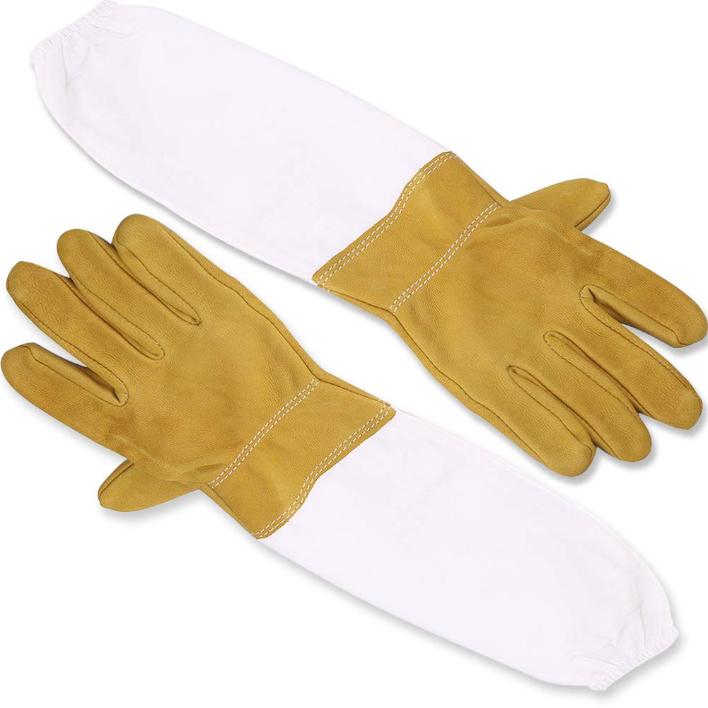 REYOK Beekeeping Protective Gloves Durable One Pair of Sheepskin Beekeeper Protective Gloves with Long Sleeve for Beginners Beekeepers Working Tool - Yellow and white