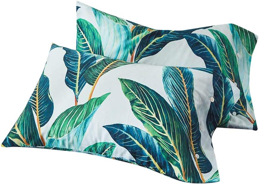 VM VOUGEMARKET Tropical Leaves Pillowcases 2 Pieces Bright Crisp Green Sateen Pillow Shams-100% Cotton Standard Queen Pillow Covers Button Closure End,Soft,Luxury,Comfortable 20"×26"-Tropical Leaves