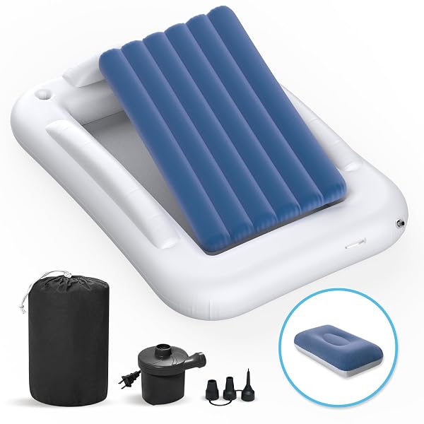 DEETECK INFLATABLE TODDLER TRAVEL BED – 60 INCHES PORTABLE TODDLER BED FOR TRAVEL WITH SAFETY SIDES – COZY KIDS AIR MATTRESS SET WITH BUILT-IN ELECTRIC PUMP & CARRY CASE- EASY TO INFLATE – SEA BLUE
