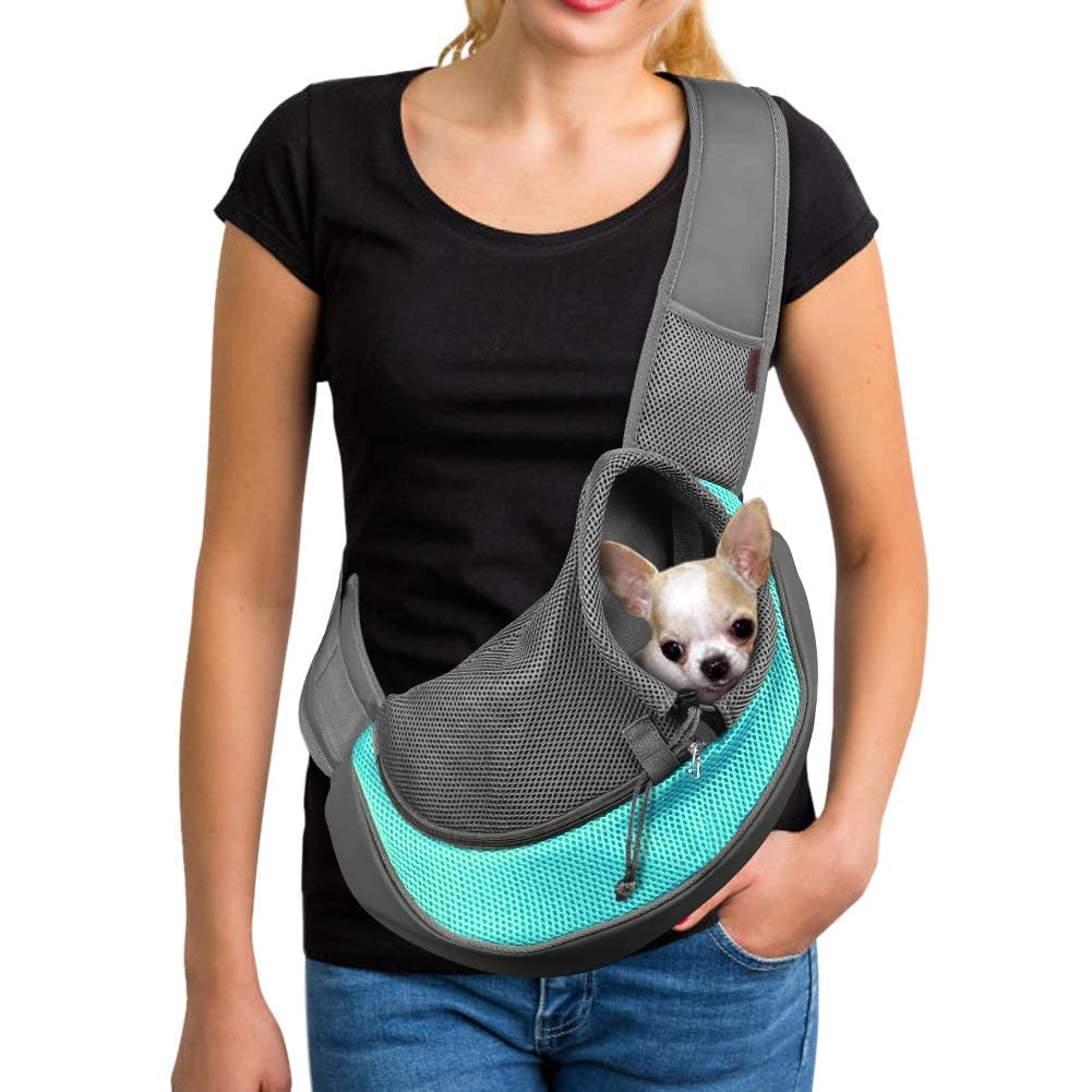 Photo 1 of YUDODO Pet Sling Carrier for Small Dogs & Cats – Hands-Free Puppy Carrier with Safety Hook, Large Zipper Pocket, Soft Breathable Mesh, Adjustable Strap & Reflective Strip (Cyan 1.0 S)