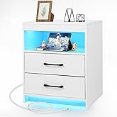 ansefe Night Stand with Charging Station and Ambient Light, LED Nightstand with USB-C Ports and Outlets, Morden Bedside Table with 2 Drawers and Open Compartment, End Table for Bedroom, White