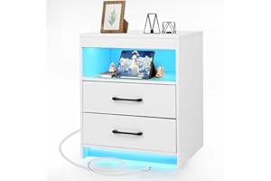 ansefe Night Stand with Charging Station and Ambient Light, LED Nightstand with USB-C Ports and Outlets, Morden Bedside Table with 2 Drawers and Open Compartment, End Table for Bedroom, White