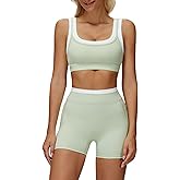 PQBPQB Women 2 Piece Workout Sets Padded Color Block Sports Bras High Waist Tummy Control Shorts Yoga Outfits