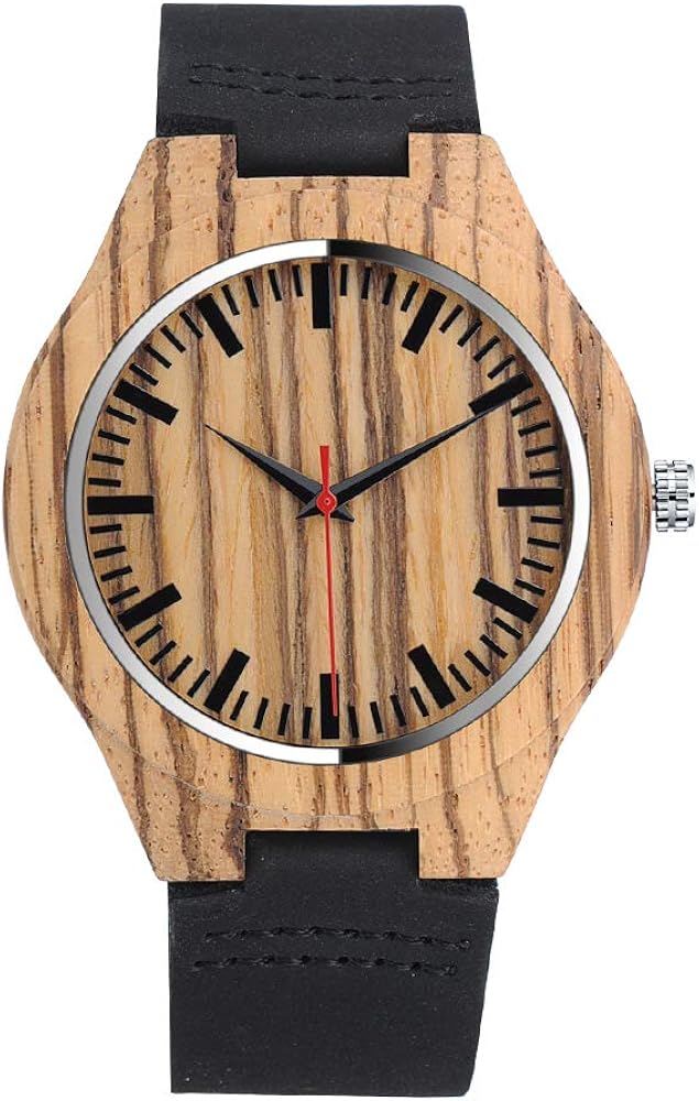 MICGIGI Unisex Simple Wooden Quartz Watch Handmade Cowhide Leather Strap Natural Wood Wrist Watch