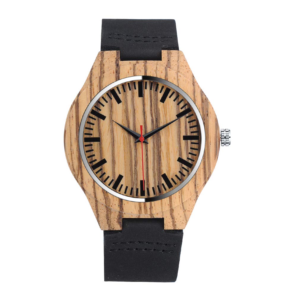MICGIGI Unisex Simple Wooden Quartz Watch Handmade Cowhide Leather Strap Natural Wood Wrist Watch