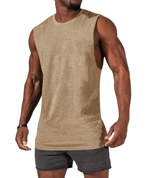 ZIWOCH MEN’S SLEEVELESS TANK TOPS CREWNECK SOLID LOOSE FIT SHIRT KHAKI