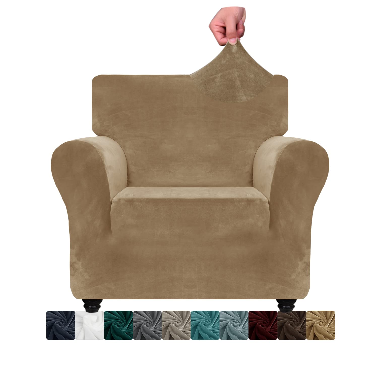 CHELZEN Velvet Chair Covers for Armchairs 1 Seater Thick Stretch Couch Covers for Dogs Pets Non-Slip Chair Slipcover with Arms Furniture Protector for Living Room (1 Seater, Camel)