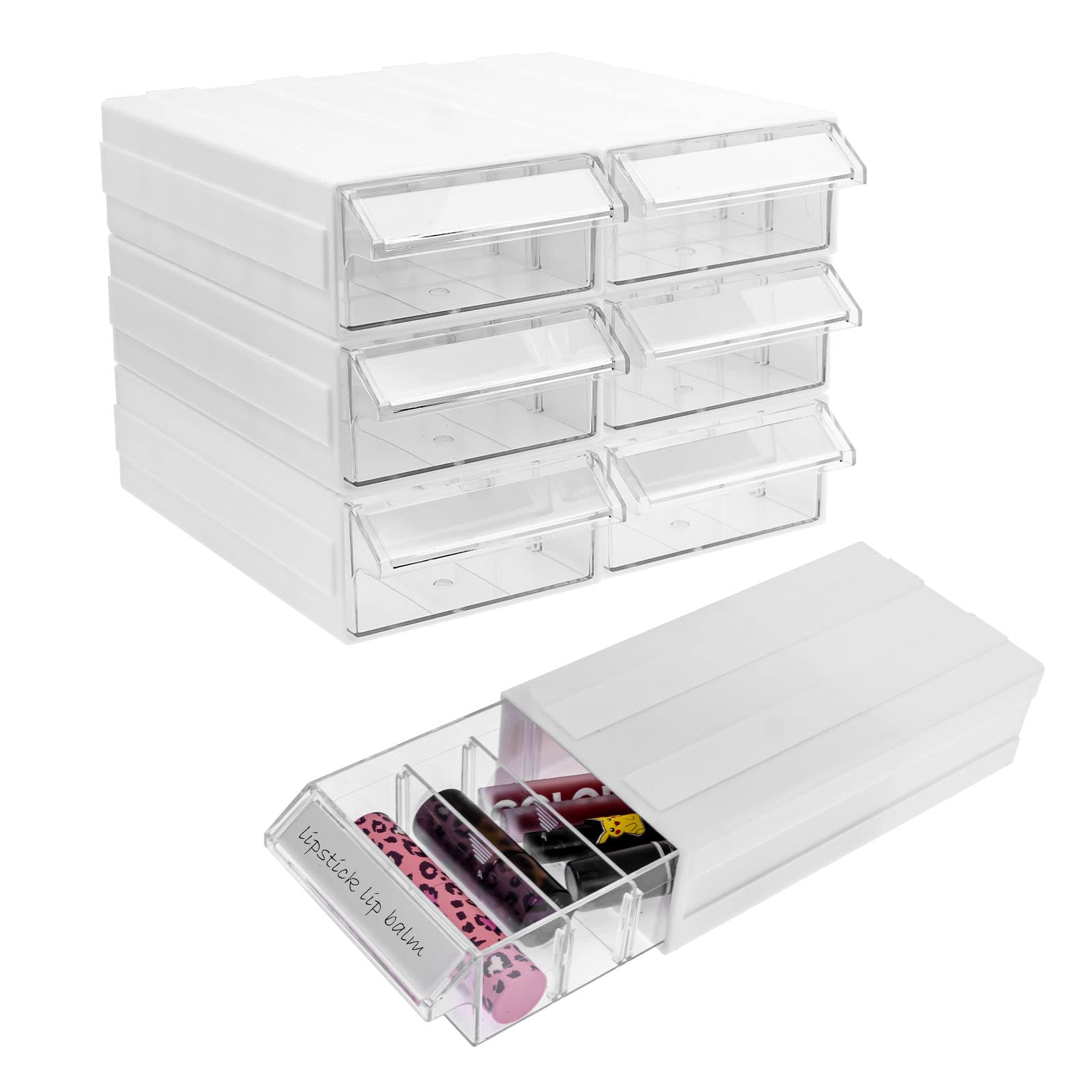 6 Pack Desktop Storage Box Organizer Drawer, Small Plastic Drawer Organizer Stackable Bins with Clear Dividers and Tag, Free Combination Compact Rack for Jewelry Craft Cosmetics(White)