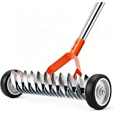 BlueFire Dethatcher Rake with Wheels, Adjustable Lawn Rake | Dual-Sided 21 Fine and 11 Wide Teeth Garden Rake with 65.4" Handle for Removing Thatch, Moss, Leaves and Loosening Soil