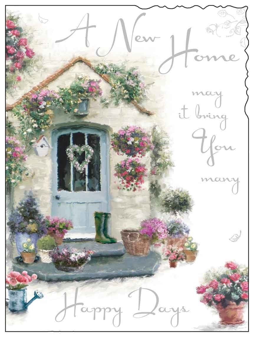 New Home Card (JJ-V080) - Cottage and Flowers - Happy Days - Embossed, Foil and Flitter Finish