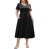 IN'VOLAND Women Plus Size Short Sleeve Dress Loose Summer Casual A-Line Flowy Midi Dresses with Pockets